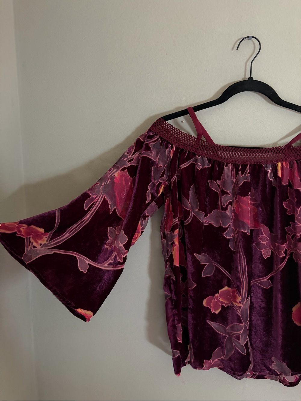 American Rag Velvet & Sheer Off-Shoulder Floral Top Burgundy Bell Sleeve Blouse